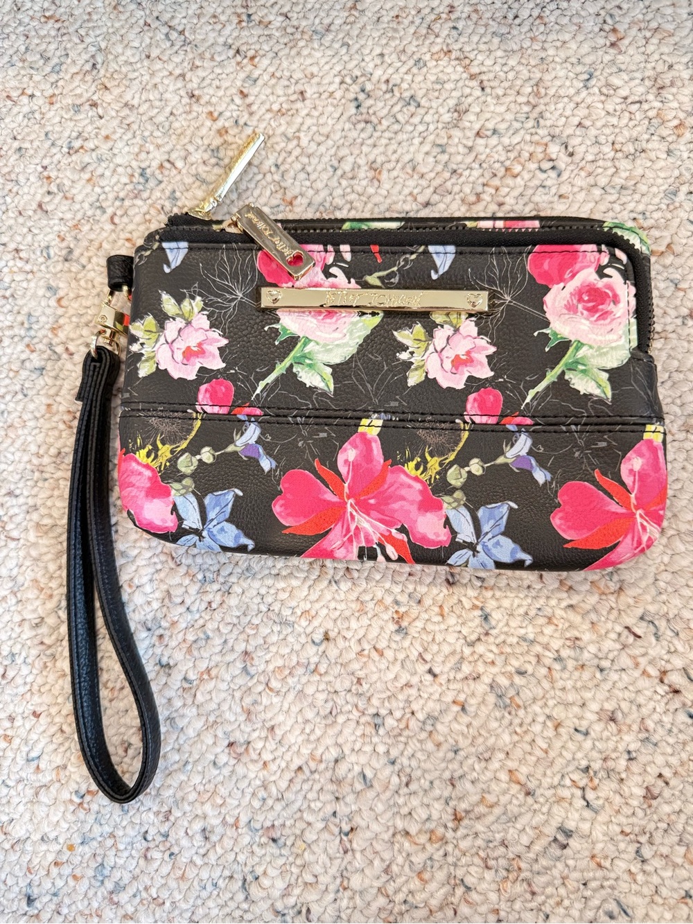Betsey Johnson XOTALLI Wristlet Pouch Black Multi Signature Logo